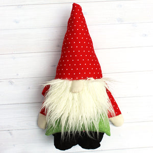 Gnome wearing red hat with white polka dots featured in the Holiday Gnome Softie Sewing Pattern by Jennifer Jangles