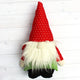 Gnome wearing red hat with white polka dots featured in the Holiday Gnome Softie Sewing Pattern by Jennifer Jangles