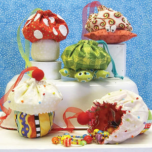 Mushroom, Crab, Turtle, Cupcake drawstring bags featured in the Little Ditties Bags Sewing Pattern by Jennifer Jangles