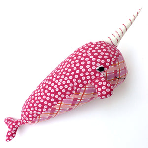 Pink + White polka dot stuffed narwhal featured in the Nelly Narwhal Softie Sewing Pattern by Jennifer Jangles
