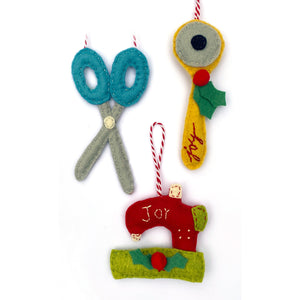 Scissors, rotary cutter & sewing machine ornaments included in the Sewing and Quilting Felt Holiday Ornaments Sewing Pattern by Jennifer Jangles