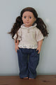 18" doll wearing white collared shirt and jeans featured in the Make a Friend Doll's Wardrobe Sewing Pattern by Jennifer Jangles