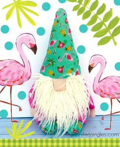 Flamingo + pineapple gnome featured in the Holiday Gnome Softie Sewing Pattern by Jennifer Jangles