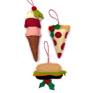 Ice cream cone, pizza & cheeseburger ornaments included in the Food Fun Felt Holiday Ornaments Sewing Pattern by Jennifer Jangles