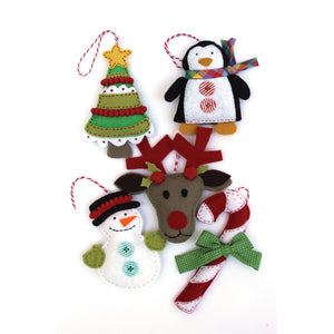 Christmas Tree, Penguin, Holly, Reindeer, Snowman, & Candy Cane ornaments included in the Felt Holiday Ornaments Sewing Pattern by Jennifer Jangles