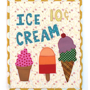 Quilt featuring appliquéd ice cream cones + a popsicle - Ice Cream for Sale Mini Quilt Sewing Pattern by Jennifer Jangles