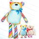 Colorful bear and minky bear featured in the  Mr. Socks Stuffed Bear Sewing Pattern by Jennifer Jangles
