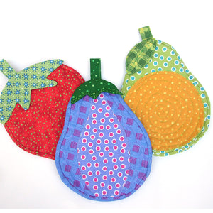 Strawberry, Eggplant, Pear oven mitts featured in the Fruits and Veggie Oven Mitts Sewing Pattern by Jennifer Jangles