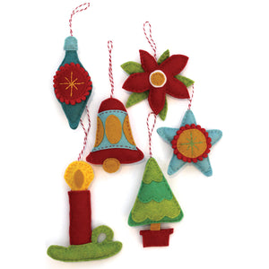 Poinsettia, bell, star, candle, tree felt ornaments featured in the Retro Holiday Felt Ornaments Sewing Pattern by Jennifer Jangles