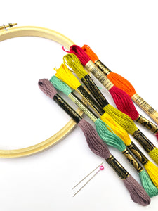 Embroidery floss, hoop, and pins included in the 30 Day Sampler Embroidery Class supplies - Embroidery Pattern by Jennifer Jangles