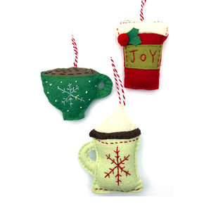 To go coffee cup, teacup & hot chocolate in mug ornaments included in the Warm Drinks Felt Holiday Ornaments Sewing Pattern by Jennifer Jangles