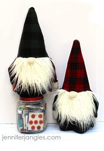 Plaid flannel gnome featured in the Holiday Gnome Softie Sewing Pattern by Jennifer Jangles