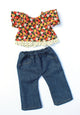 Floral shirt and jeans featured in the Make a Friend Doll's Wardrobe Sewing Pattern by Jennifer Jangles