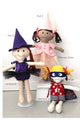Dolls wearing Witch, Princess, Superhero outfits featured in the Make a Friend Dress Up Clothes Sewing Pattern by Jennifer Jangles