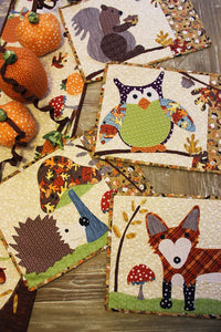 Squirrel, Owl, Hedgehog, and Fox placemats included in A Walk in the Woods Fall Placemat Applique Sewing Pattern by Jennifer Jangles